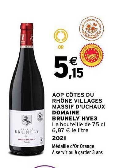 aop côtes du rhône villages massif d'uchaux domaine brunely hve3 2021