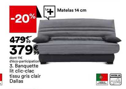 banquette lit clic-clac tissu gris clair dallas