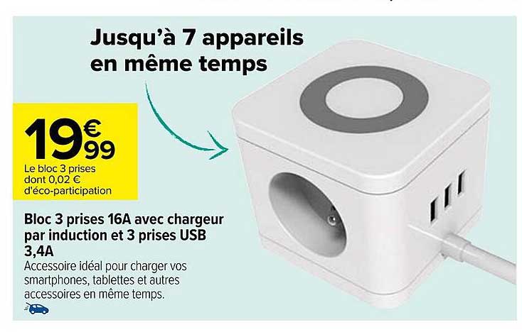 bloc 3 prises 16a avec chargeur par induction et 3 prises usb 3,4a