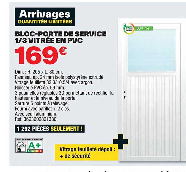 bloc-porte de service 1/3 vitrée en pvc