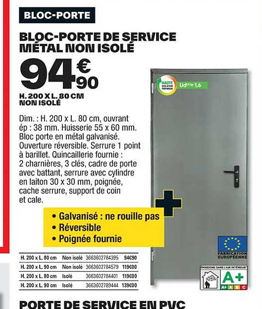 bloc-porte de service métal non isolé