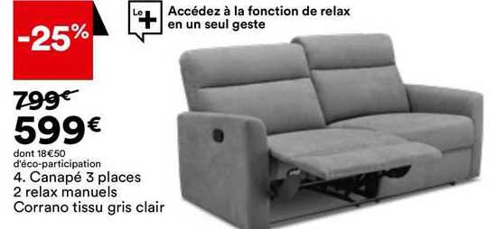 canapé 3 places 2 relax manuels corrano tissu gris clair