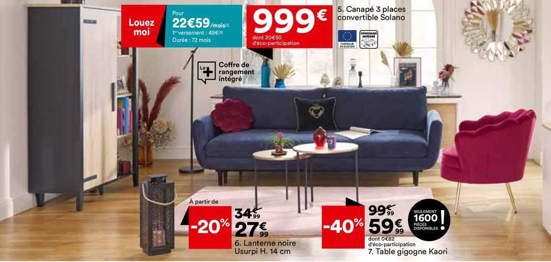 canapé 3 places convertible solano, lanterne noire usurpi h. 14 cm, table gigogne kaori