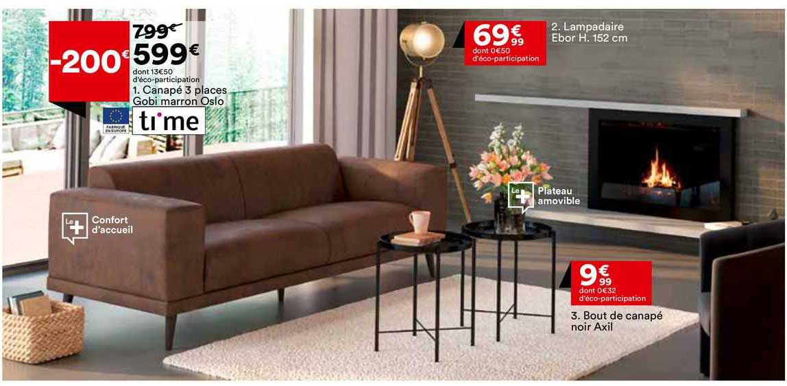 canapé 3 places gobi marron oslo, lampadaire ebor h. 152 cm, bout de canapé noir axil