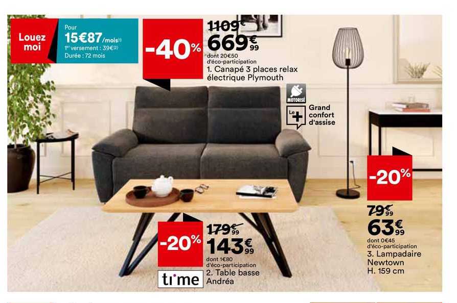 canapé 3 places relax électrique plymouth, table basse andréa, lampadaire newtown h. 159 cm