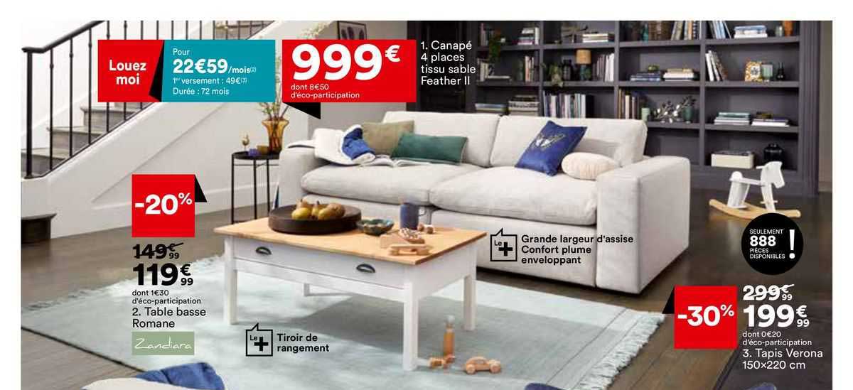 Canapé 4 Places Tissu Sable Feather II, Table Basse Romane Zandiara, Tapis Verona 150 X 220 Cm