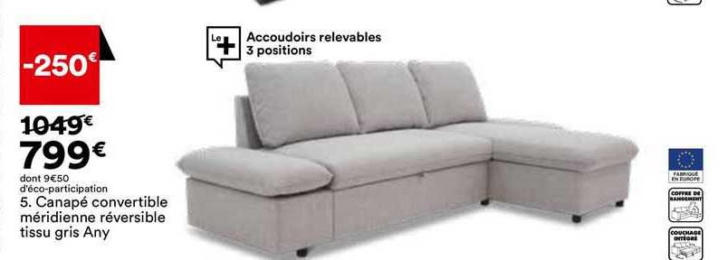 canapé convertible méridienne réversible tissu gris any