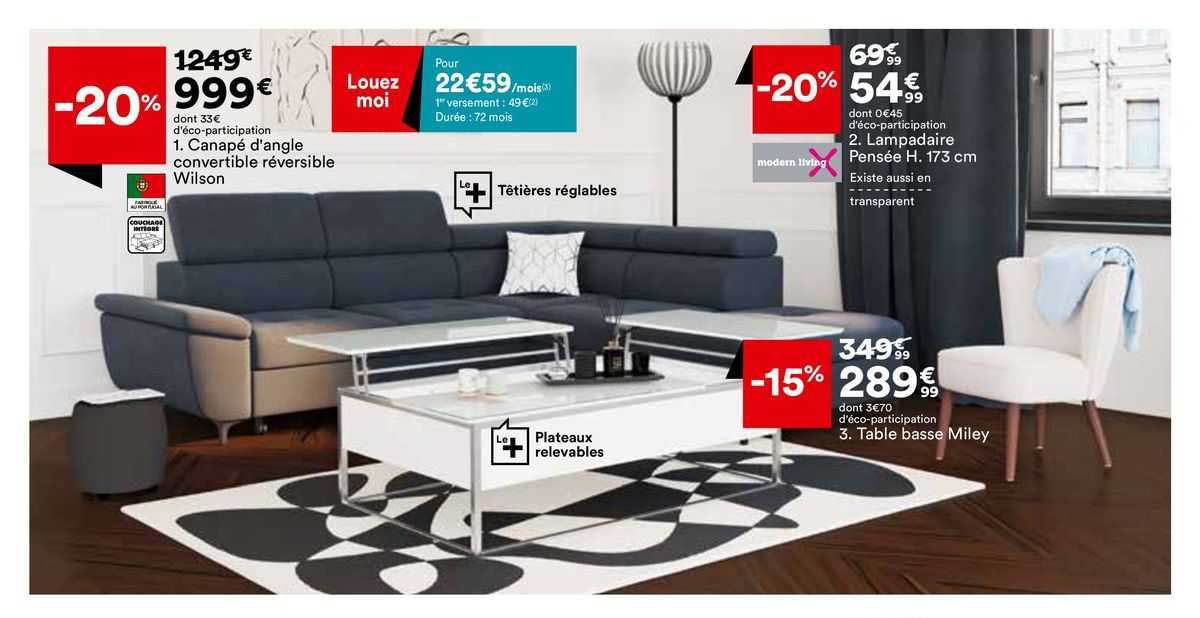 canapé d'angle convertible réversible wilson, lampadaire pensée h. 173 cm, table basse miley