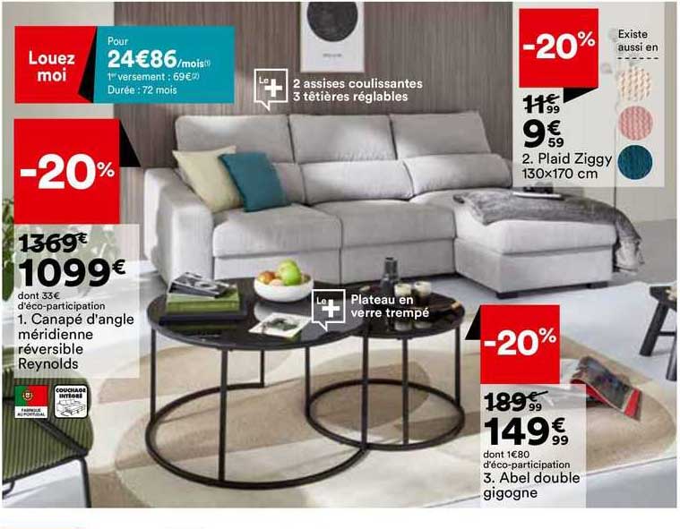 canapé d'angle méridienne réversible reynolds, plaid ziggy 130 x 170 cm, abel double gigogne