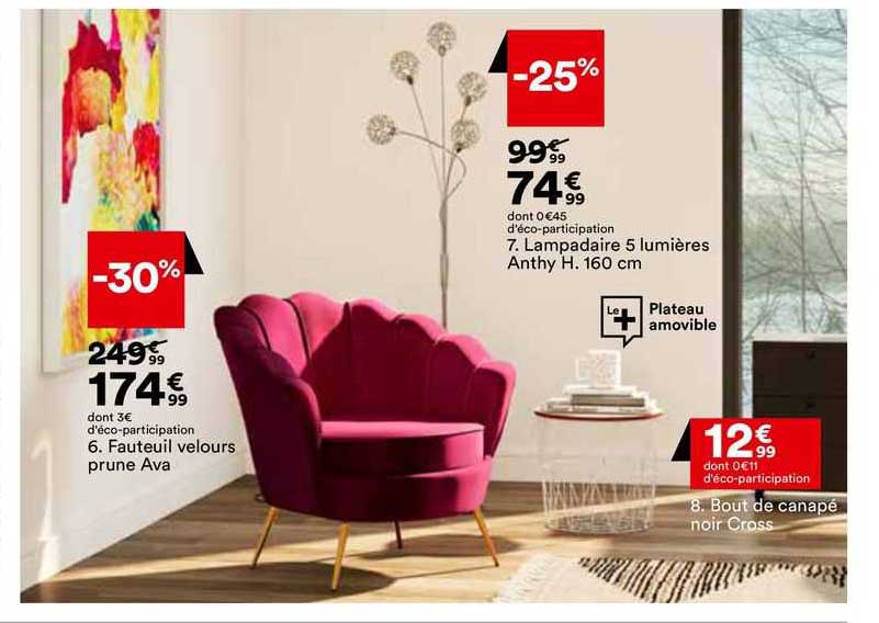 fauteuil velours prune ava, lampadaire 5 lumières anthy h. 160 cm, bout de canapé noir cross