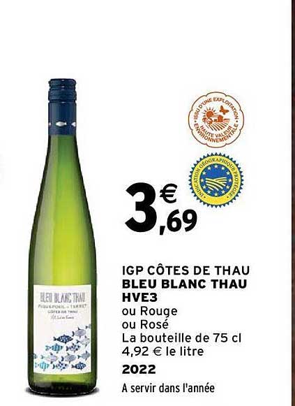 igp côtes de thau bleu blanc thau hve3 2022