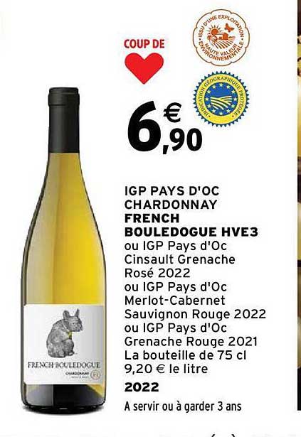 igp pays d'oc chardonnay french bouledogue hve3 2022