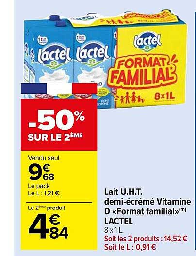 lait u.h.t. demi-écrémé vitamine d «format familial» lactel