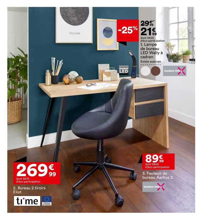 lampe de bureau led wally à cadran, bureau 2 tiroirs eliot, fauteuil de bureau aarhus 2 modern living