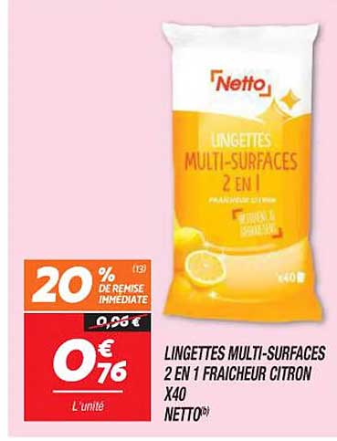 lingettes multi-surfaces 2 en 1 fraîcheur citron x 40 netto