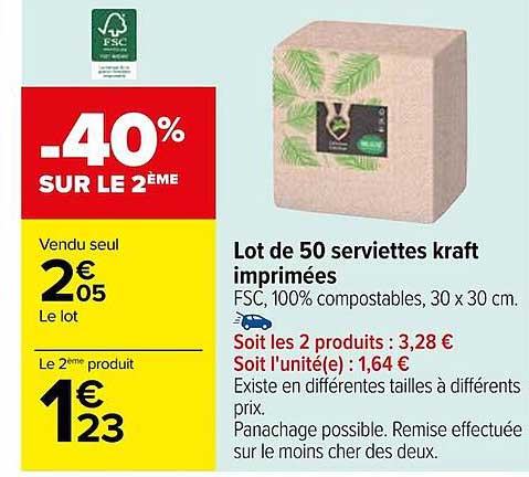 lot de 50 serviettes kraft imprimées