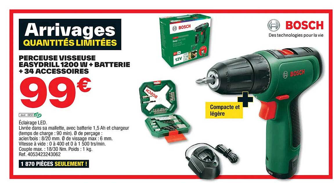 perceuse visseuse easydrill 1200w + batterie + 34 accessoires bosch