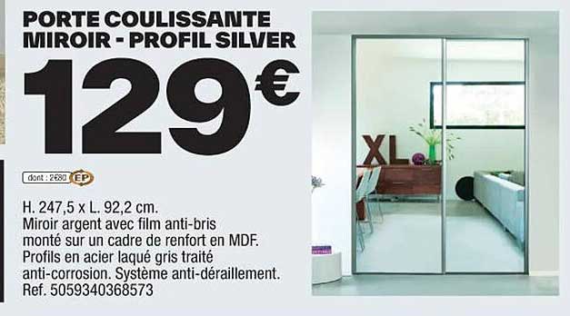 porte coulissante miroir - profil silver