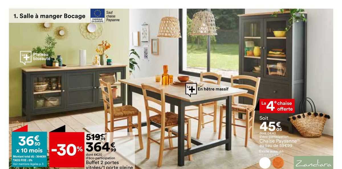 salle à manger bocage : buffet 2 portes vitrées/1 porte pleine, chaise paysanne zandiara