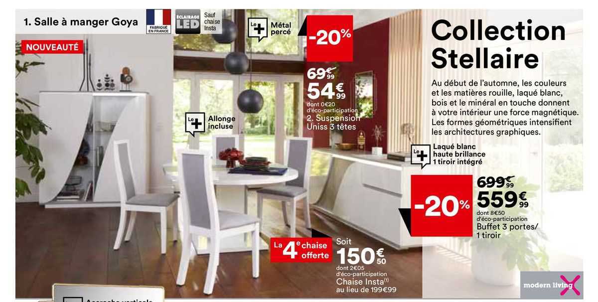 salle à manger goya : chaise insta, buffet 3 portes/1 tiroir modern living, suspension uniss 3 têtes