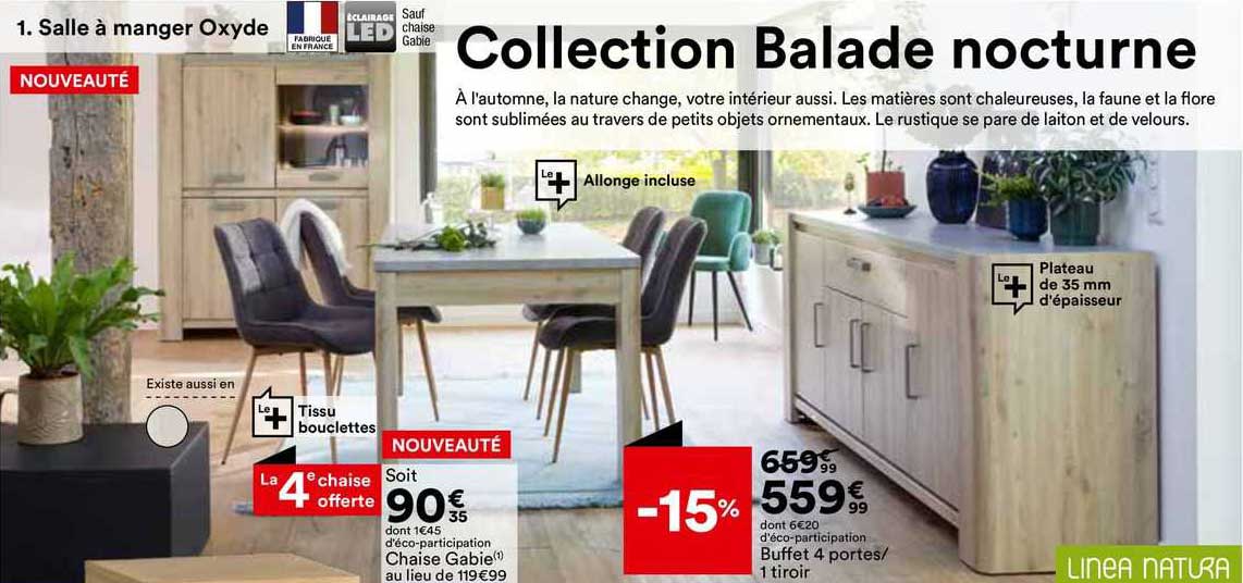 salle à manger oxyde : chaise gabie, buffet 4 portes/1 tiroir linea nature