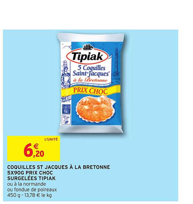 coquilles st jacques à la bretonne 5x90g prix choc surgelées tipiak