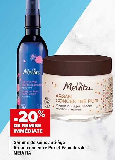 gamme de soins anti-âge argan concentré pur et eaux florales melvita