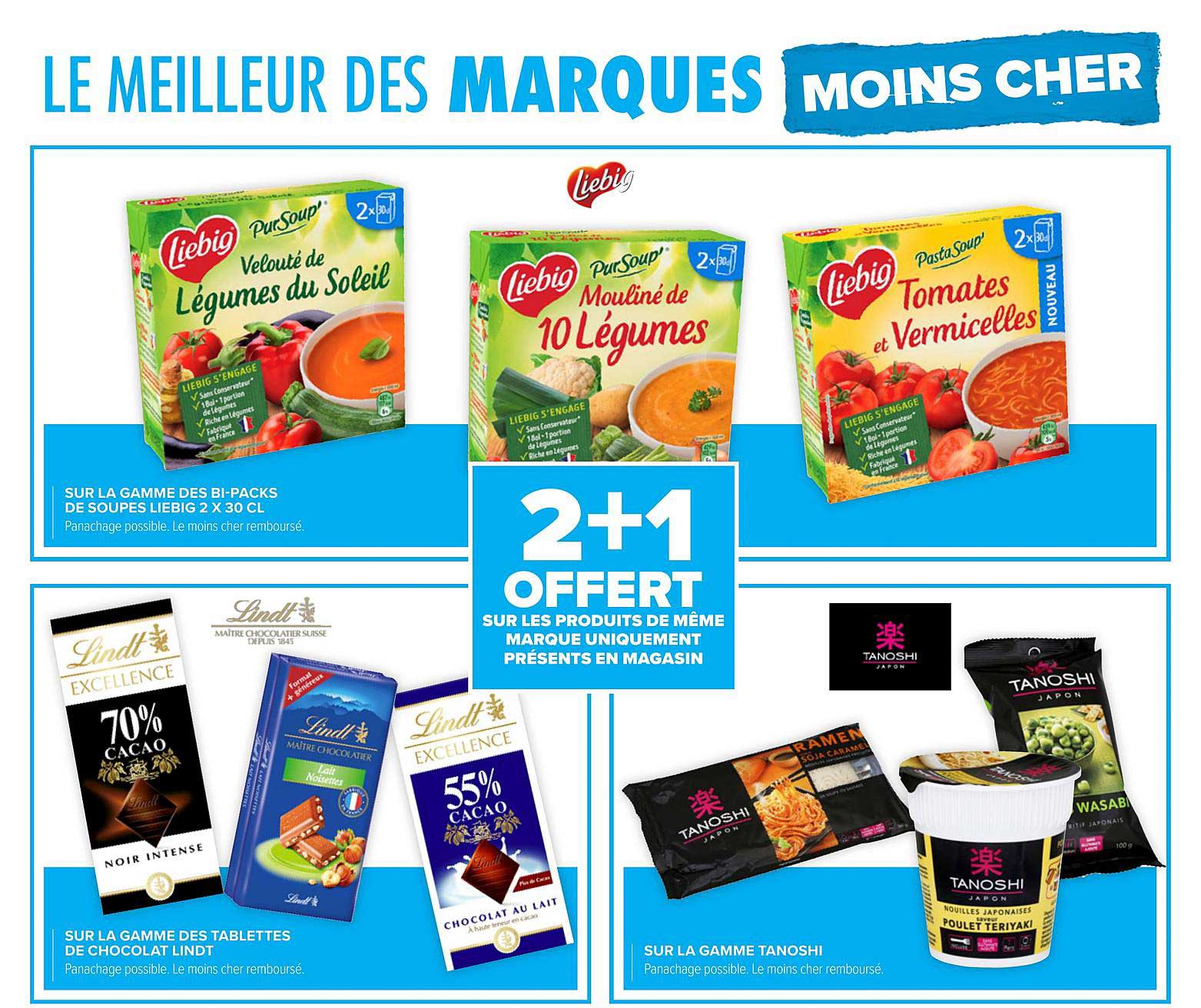 Gamme Des Bi-packs De Soupes Liebig 2 X 30 Cl, Gamme Des Tablettes De Chocolat Lindt, Gamme Tanoshi