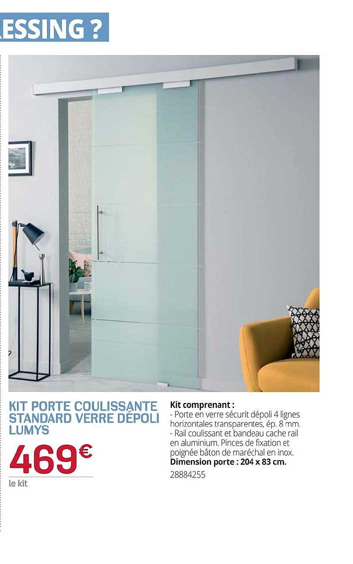 kit porte coulissante standard verre dépoli lumys