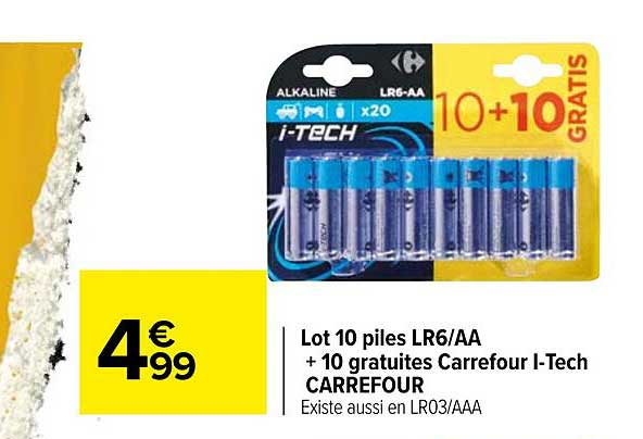 lot 10 piles lr6-aa + 10 gratuites carrefour i-tech carrefour