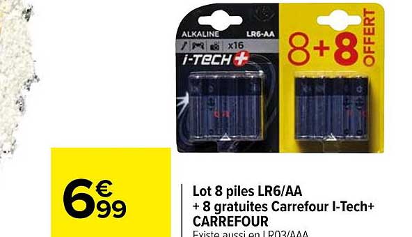 lot 8 piles lr6-aa + 8 gratuites carrefour i-tech+ carrefour