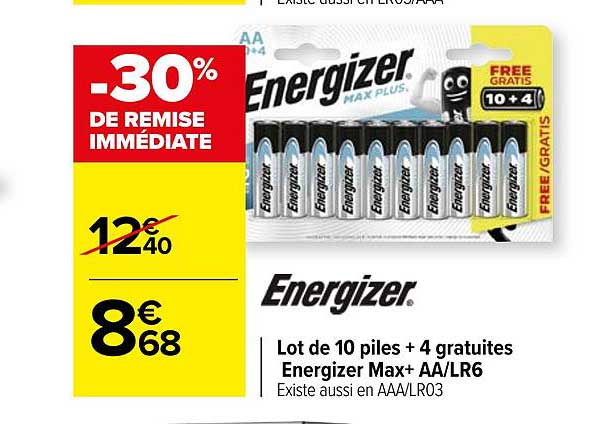 lot de 10 piles + 4 gratuites energizer max+ aa-lr6