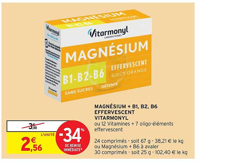 Magnésium + B1 B2 B6 Effervescent Vitarmonyl -34% De Remise Immédiate