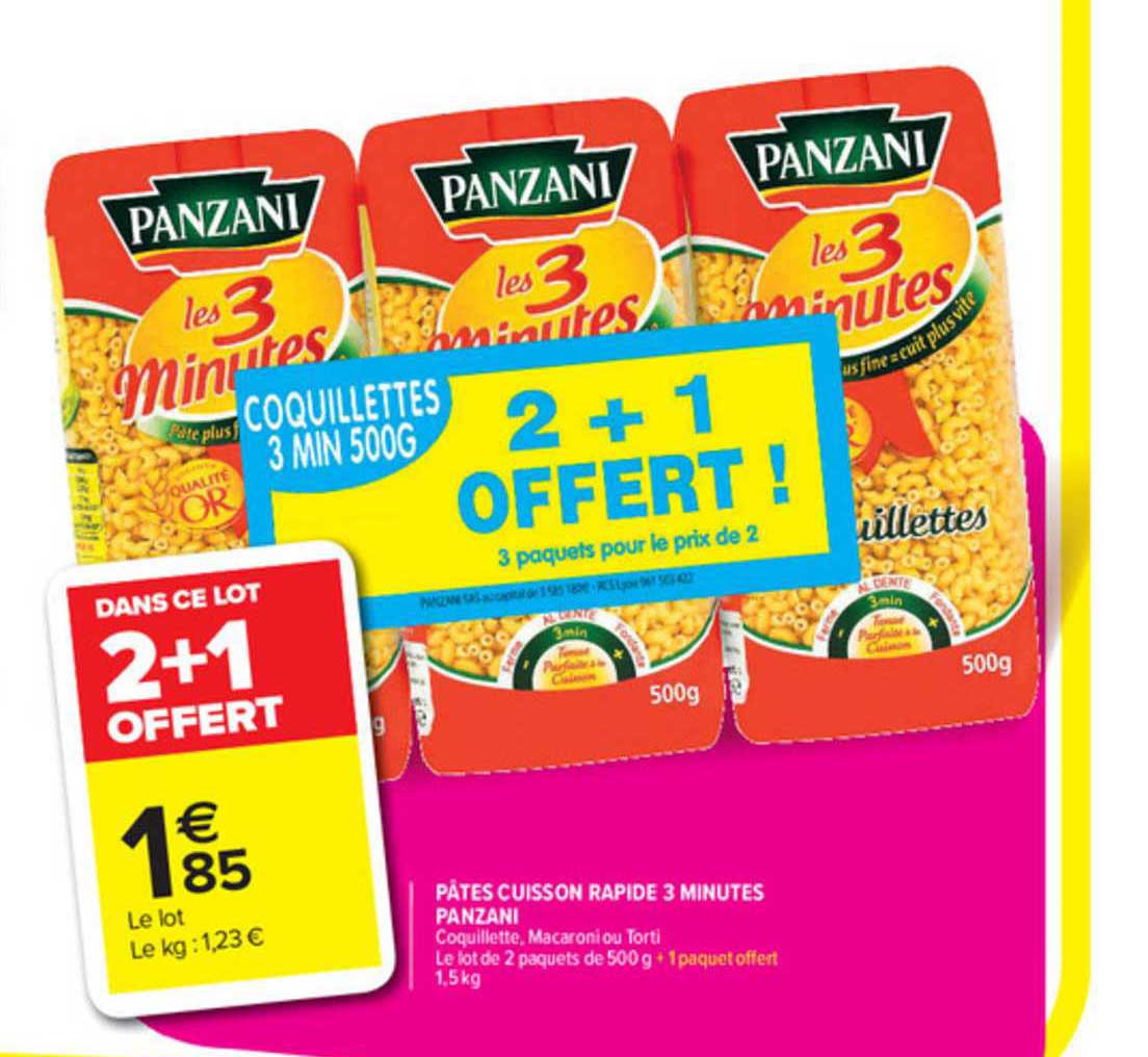 pâtes cuisson rapide 3 minutes panzani 2+1 offert