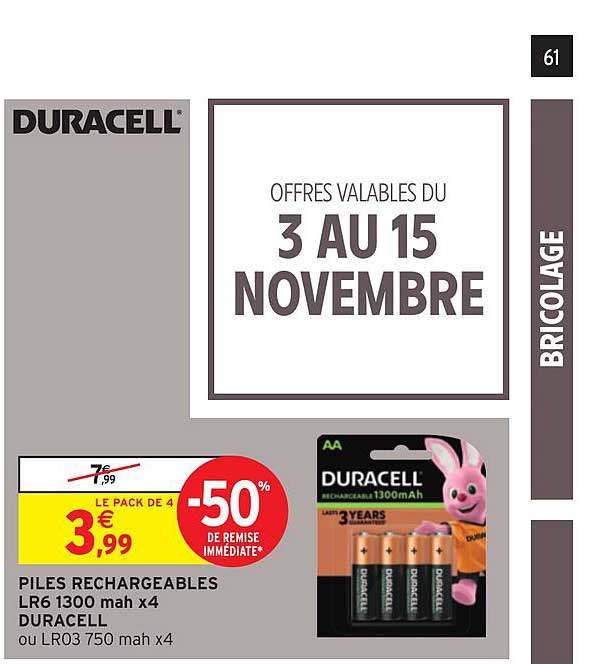 piles rechargeables lr6 1300 mah x 4 duracell -50% de remise immédiate