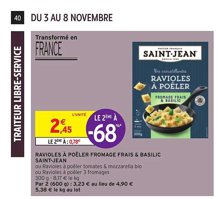 ravioles à poêler fromage frais & basilic saint-jean le 2ème à -68%