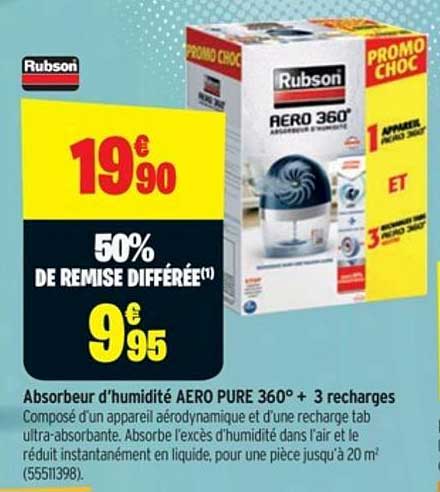 rubson absorbeur d'humidité aeoro pure 36° + 3 recharges