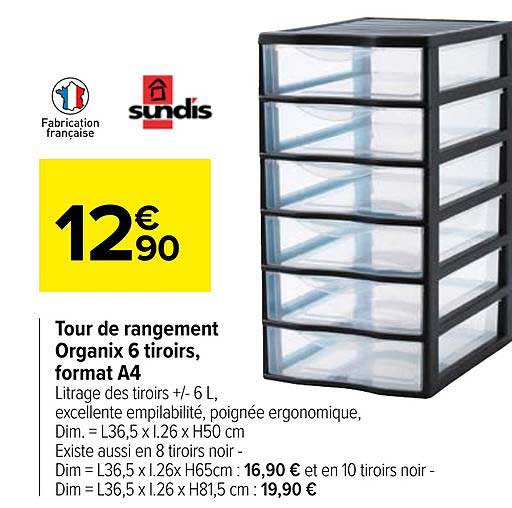 tour de rangement organix 6 tiroirs, format a4
