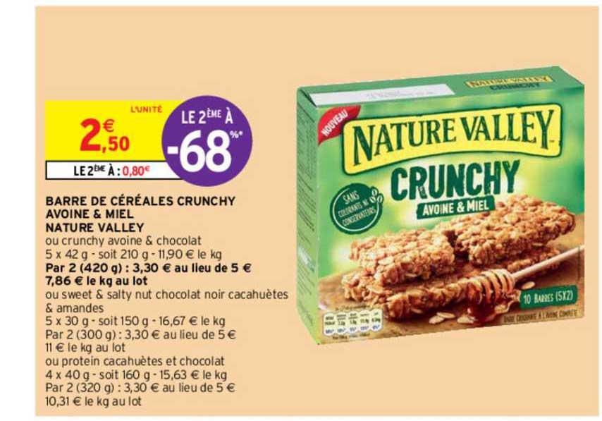 barre de céréales crunchy avoine & miel nature valley