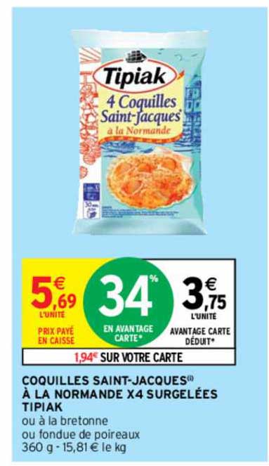 coquilles saint-jacques à la normande x4 surgelées tipiak