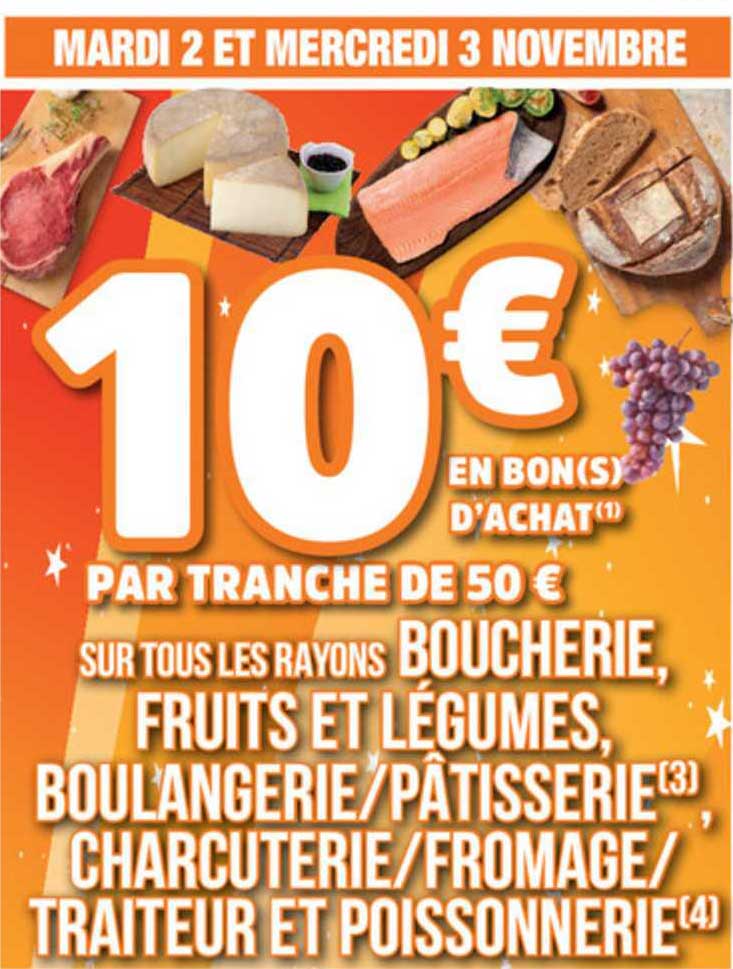 rayons boucherie, fruits et légumes, boulangerie, pâtisserie, charcuterie, fromage, traiteur et poissonnerie