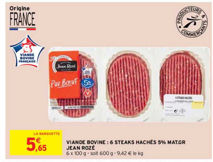 viande bovine : 6 steaks hachés 5% mat. gr. jean rozé