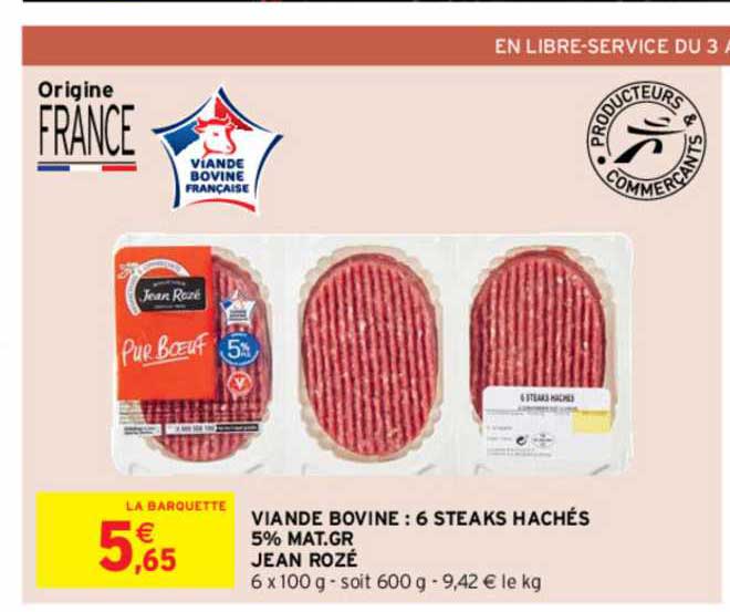 viande bovine : 6 steaks hachés 5% mat. gr. jean rozé