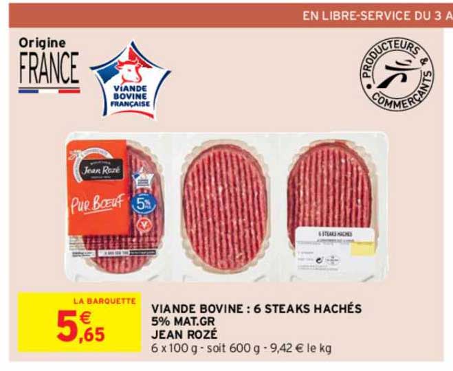 viande bovine : 6 steaks hachés 5% mat.gr. jean rozé