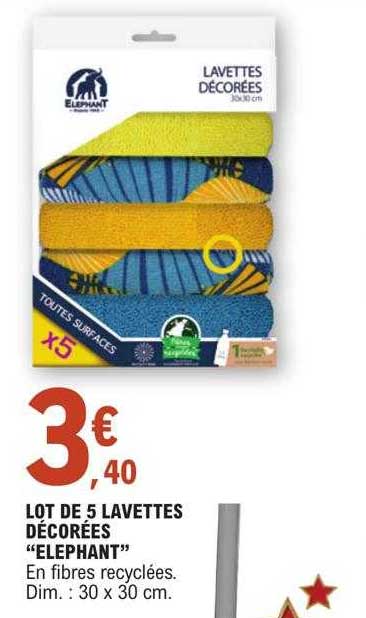 lot de 5 lavettes décorées "éléphant"