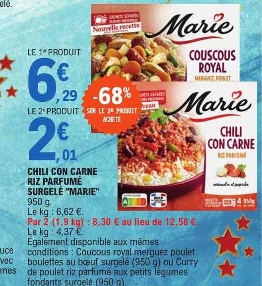 chili con carne riz parfumé surgelé "marie"