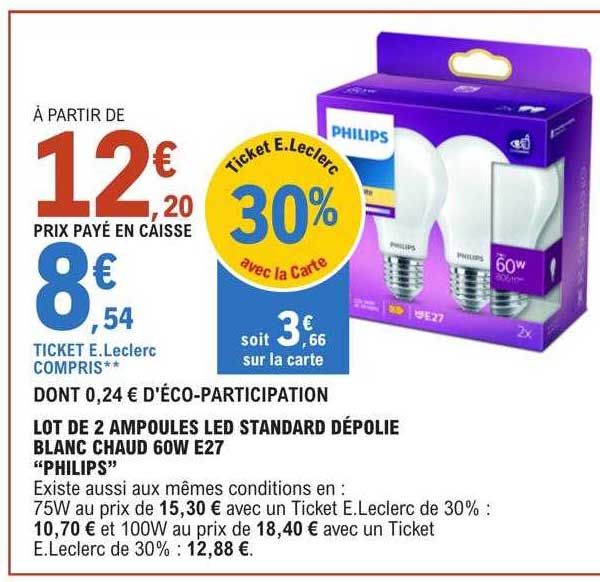 lot de 2 ampoules led standard dépolie blanc chaud 60w e27 "philips"