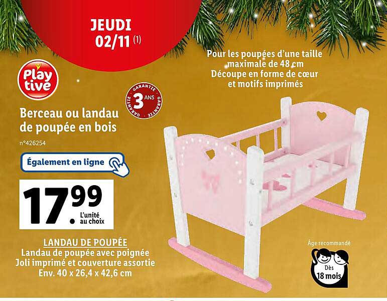berceau ou landau de poupée en bois playtive