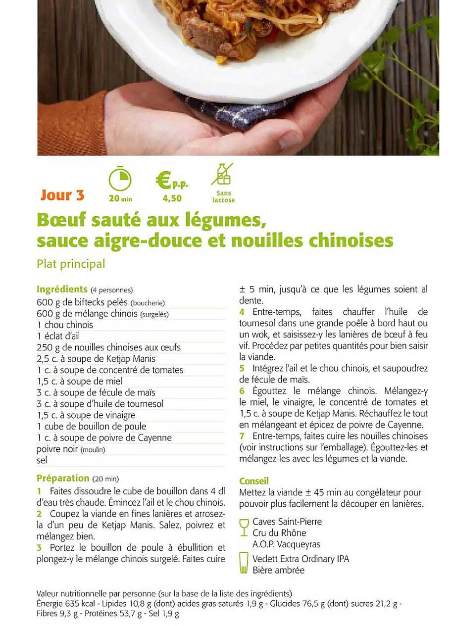 bœuf sauté aux légumes, sauce aigre-douce et nouilles chinoises