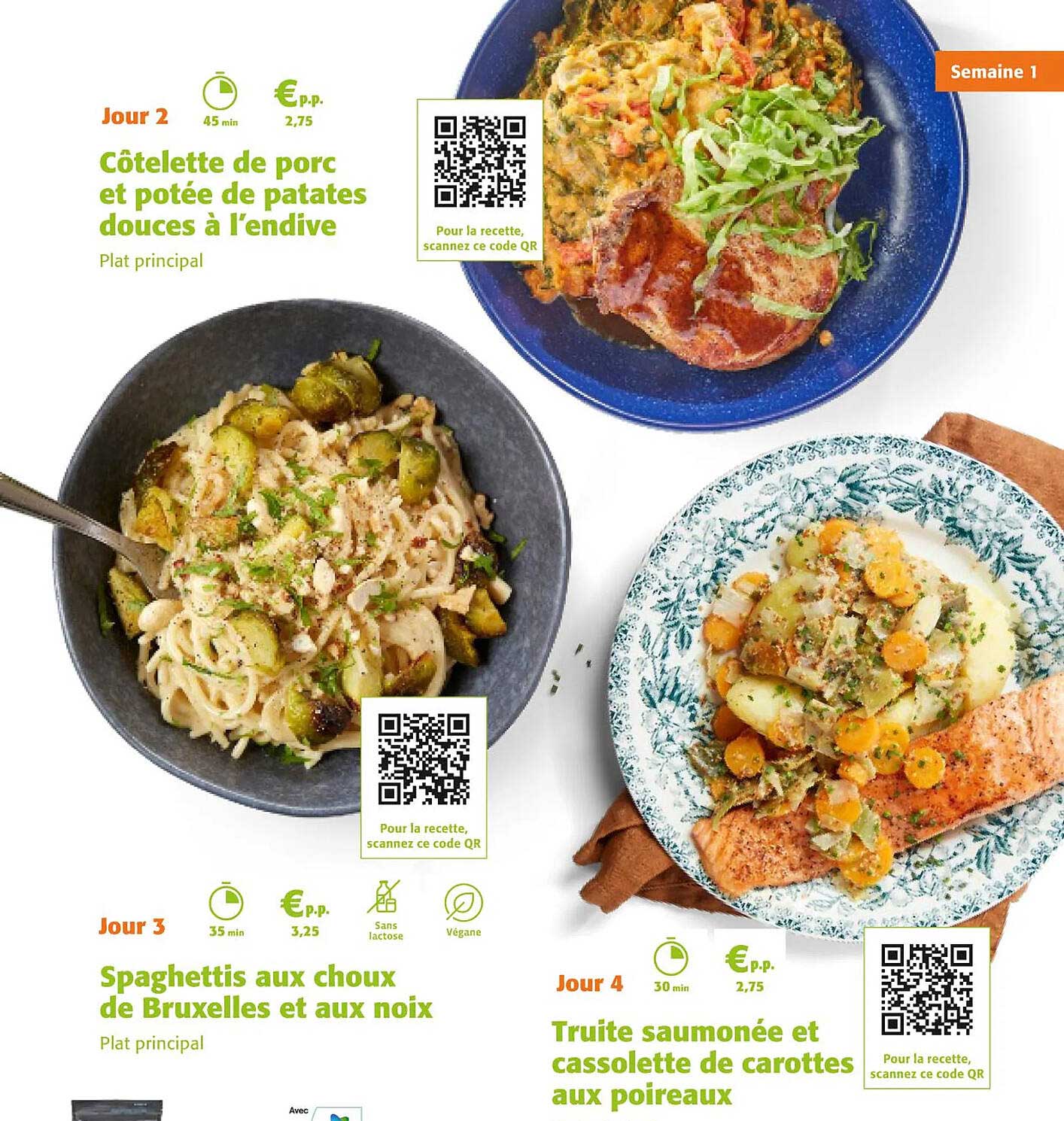 côtelette de porc et potée de patates douces à l'endive, spaghettis aux choux de bruxelles et aux noix, truite saumonée et cassolette de carottes aux poireaux